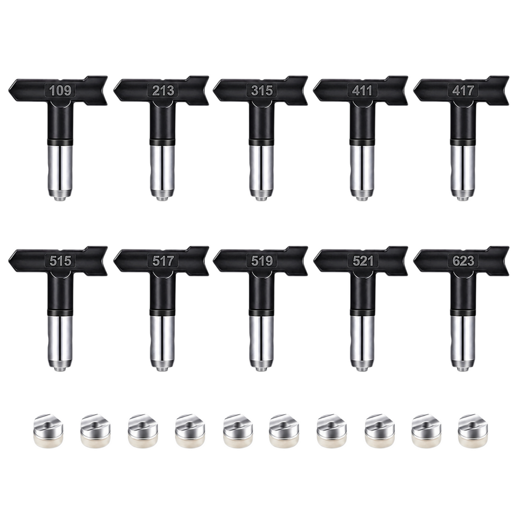 10 pcs Reversible Airless Spray Tips Set for Airless Paint Sprayer,for Wall Fence Deck Cabinet and Guns House Painting(109,213,315,411,417,515,517,519,621,623)