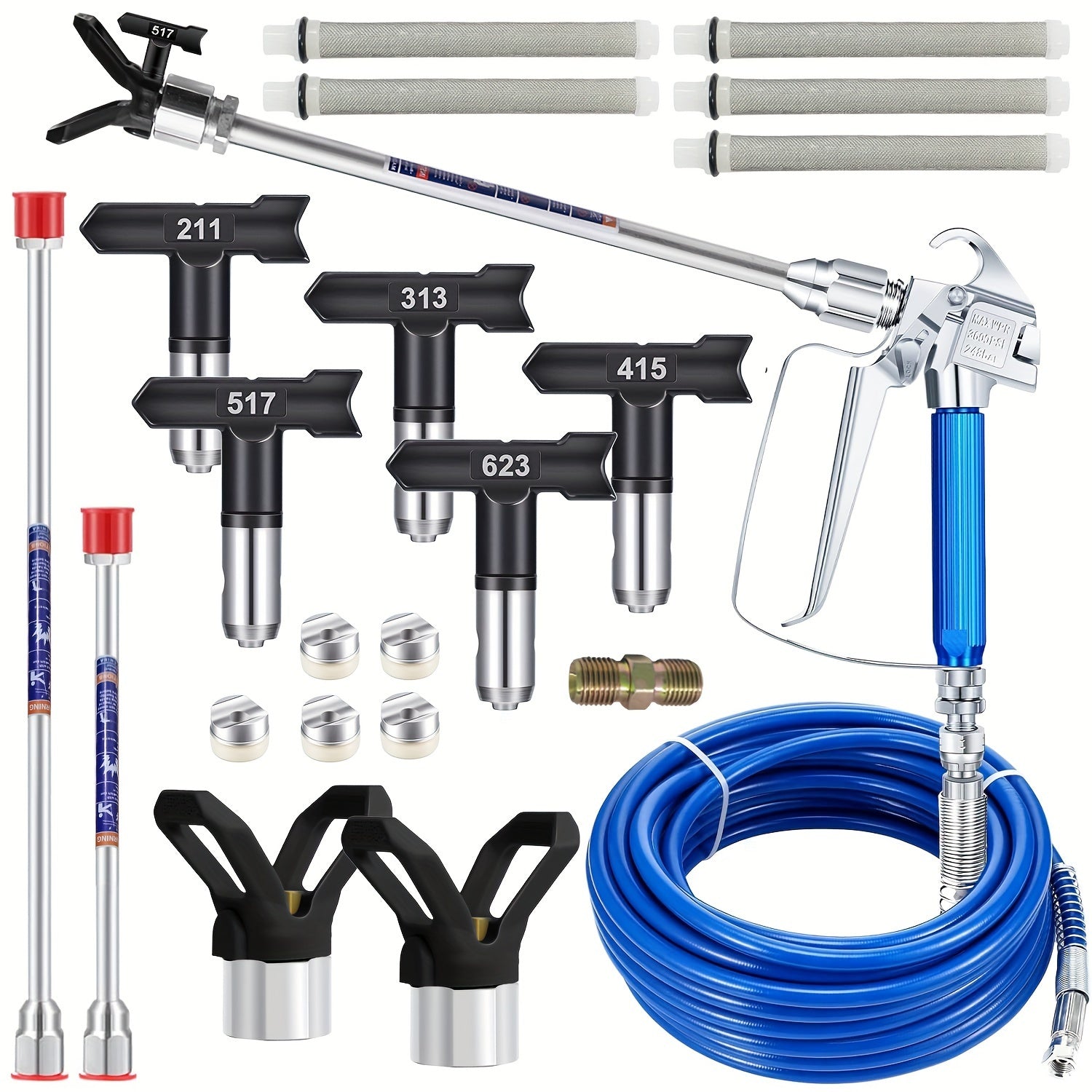 Universal Airless Spray Gun Full Accessory Set High Pressure Paint Hose Various Spray Tip Sizes Mesh Filters Extension Rods Nozzle Base Connector Replacement Supplies For Household & Commercial Latex Paint Spraying Projects