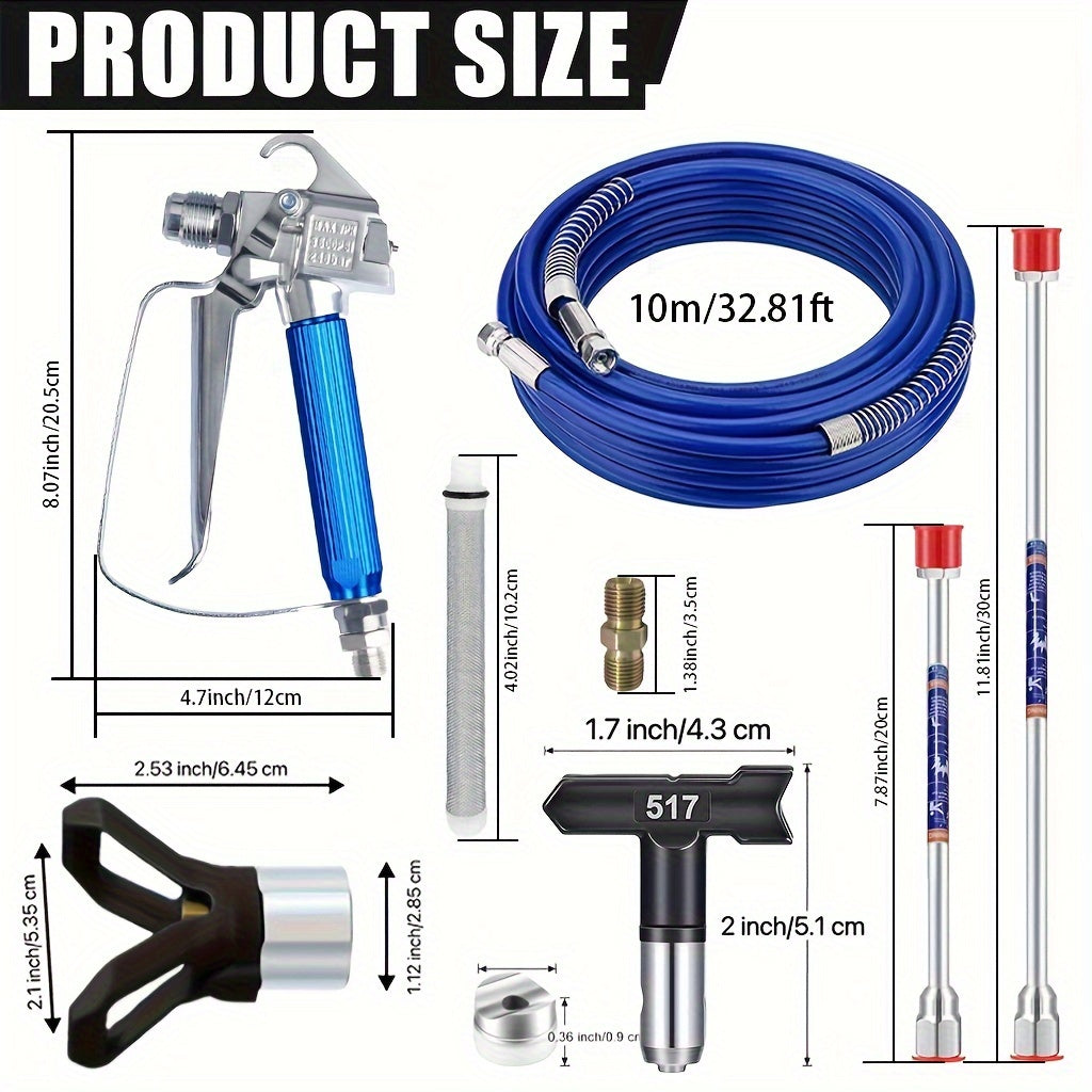 Universal Airless Spray Gun Full Accessory Set High Pressure Paint Hose Various Spray Tip Sizes Mesh Filters Extension Rods Nozzle Base Connector Replacement Supplies For Household & Commercial Latex Paint Spraying Projects