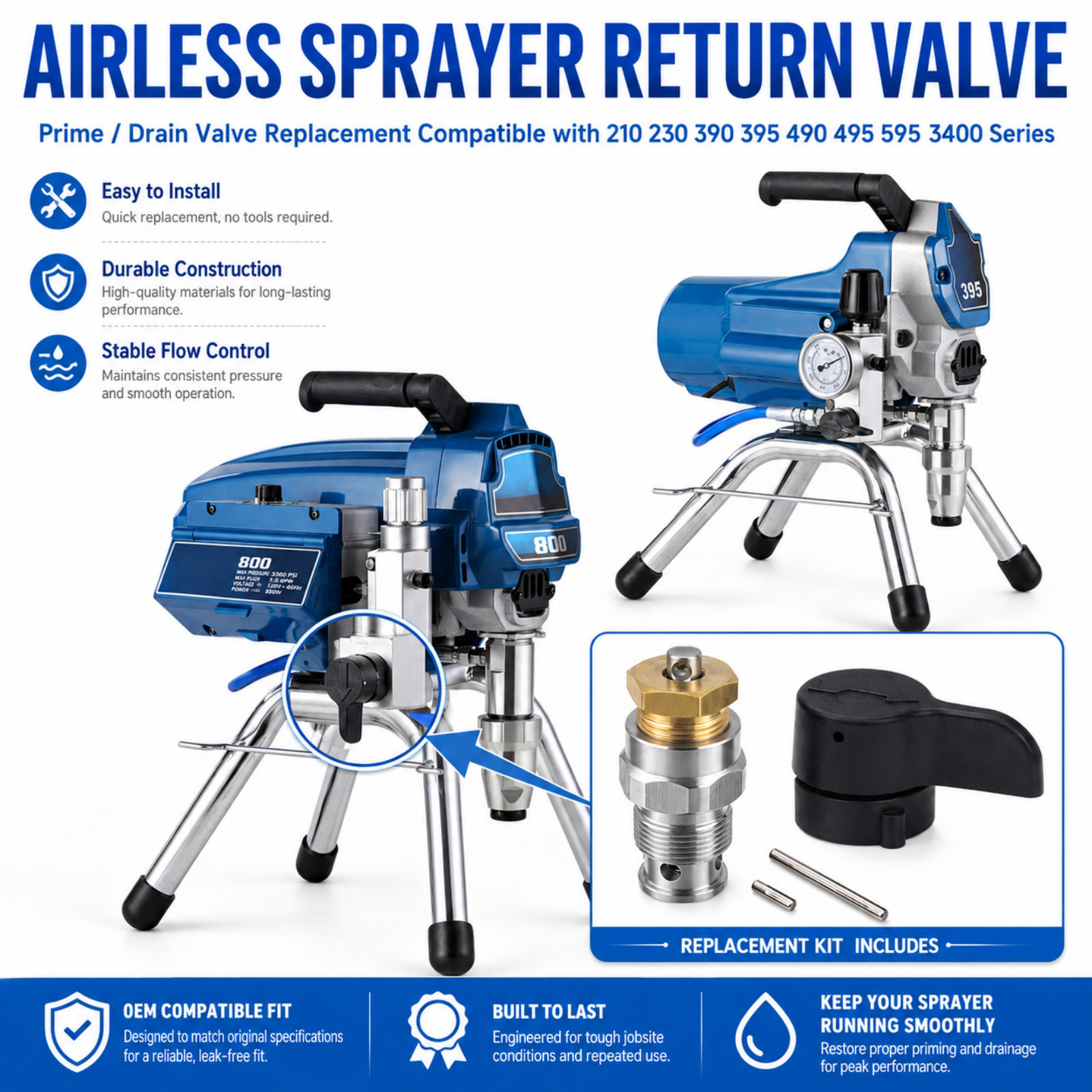 235014 Airless Prime Spray Valve Drain Valve Kit, Compatible with Graco 190ES 210 230 295 390 395 490 495 595 3400 Airless Paint Sprayers